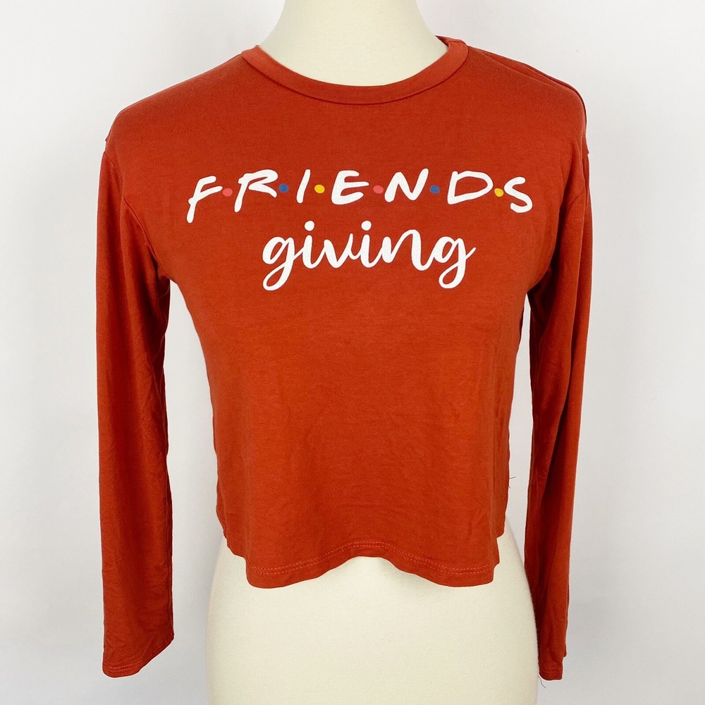 Friendsgiving Graphic Long Sleeve Crop Top Womens XS Burnt Orange